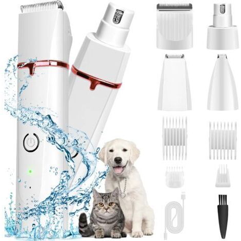 Tondeuse pour Chien IPX7 Étanche 4 en 1 Coupe-Ongles Électrique Chat Rechargeable Faible Bruit avec 4 Accessoires de Peigne Différents pour Chiens Chats Patte Corps Visage etc