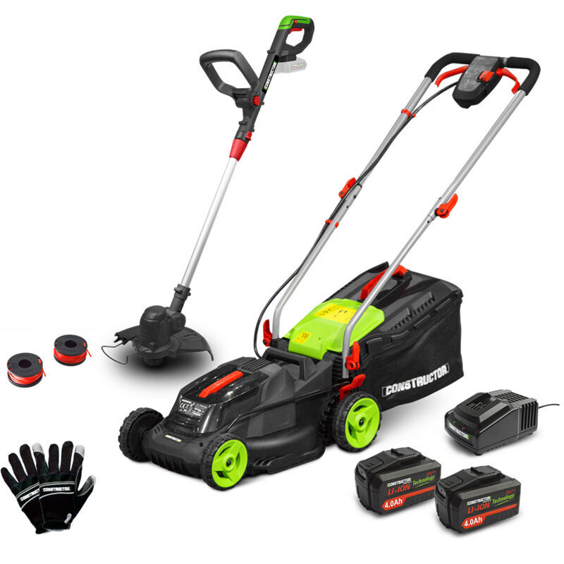 Tondeuse rechargeable 40V (2x20V) 34 cm + coupe bordures + gants + 2 bobines avec 2 batteries 4Ah et chargeur Constructor