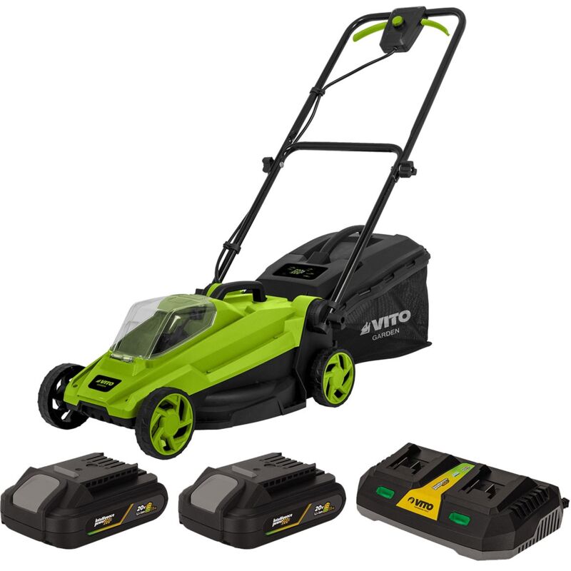 Tondeuse 20V - 2 Batteries 2.0Ah Chargeur double Bac 30L Gazon 300m2 Vito