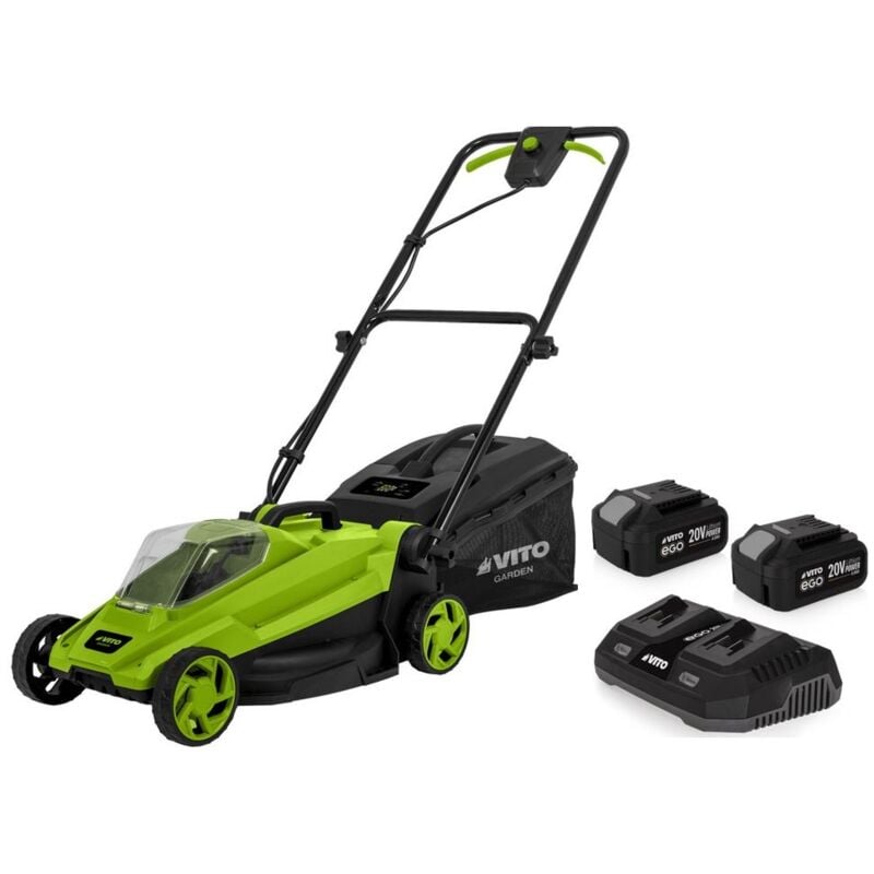 Tondeuse 20V + 2 Batteries 4.0Ah Chargeur double Bac 30L Gazon 500m2 Vito