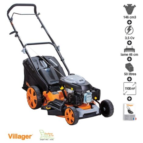 Tondeuse thermique mulching 146cc – Moteur 4 temps 3,5 CV – Largeur de coupe 46 cm – Bac de ramassage 50L – Pour terrains plats et en pente – Villager - 4011T