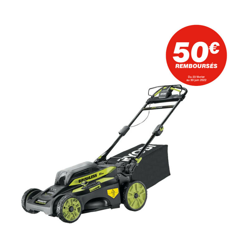 Ryobi - Tondeuse tractée 36V LithiumPlus Brushless - coupe 51 cm - 1 batterie 6.0Ah - 1 chargeur rapide - RY36LMX51A-160
