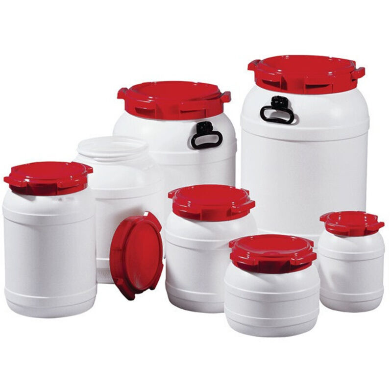 Tonnelet cylindrique 420 l PE blanc avec couvercle rouge avec 2 poignées de tra
