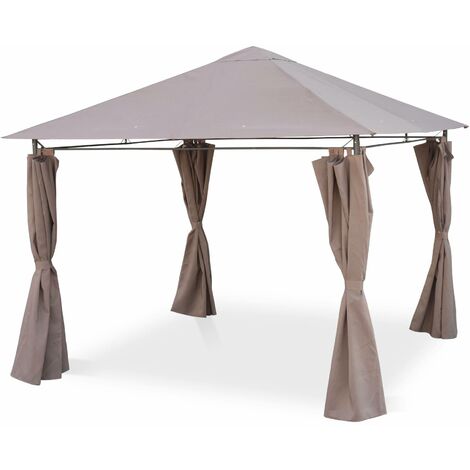 Sweeek – Tonnelle 3x3 m carrée avec rideaux – Structure en acier renforcé gris foncé – Toile polyester taupe 180g/m² – Kit d'ancrage inclus