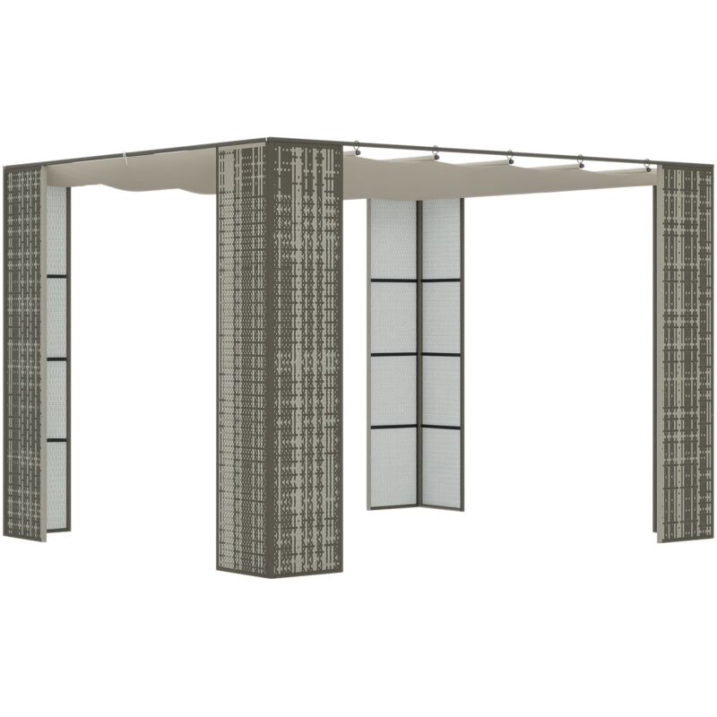 Pergola rétractable style colonial dim. 2,98L x 2,98l x 2H m métal époxy anticorrosion résine tressée grise toile polyester haute densité 180 g/m²