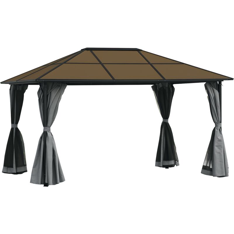Pavillon de jardin tonnelle rigide dim. 4L x 3l x 2,65H m 4 parois latérales anti-UV gris 4 moustiquaires zippées alu. métal polycarbonate noir brun