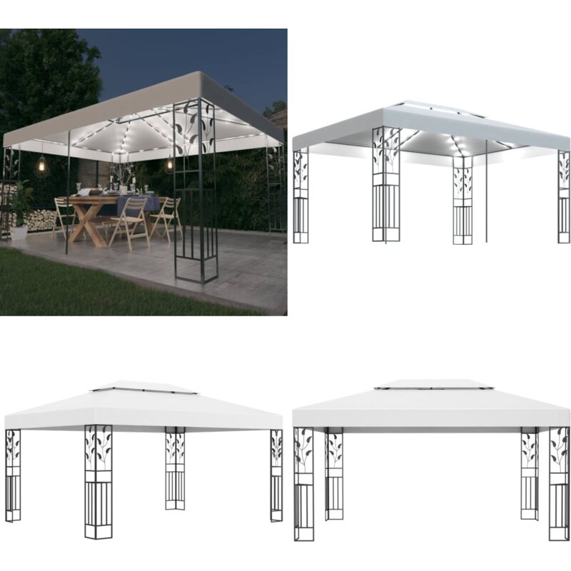 Tonnelle avec double toit et lumières led 3x4 m Blanc - Tente Extérieure - Abri Jardin - Tonnelle Décorative - Éclairage Solaire - Guirlande