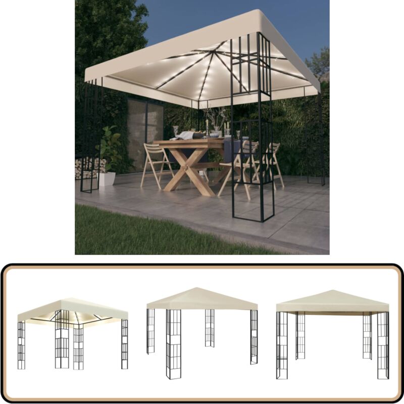 Tonnelle avec guirlande lumineuse à led 3x3 m Crème - Tente De Jardin - Tonnelle Extérieure - Abri Solaire - Parasol - Décoration Jardin