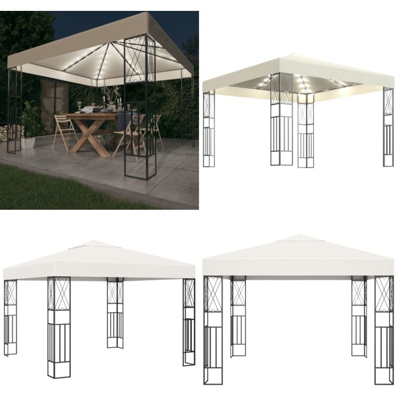 Tonnelle avec guirlande lumineuse à led 3x3 m Crème Tissu - Tente Extérieure - Abri Jardin - Parasol - Tonnelle Pliable - Décoration Jardin - Home &