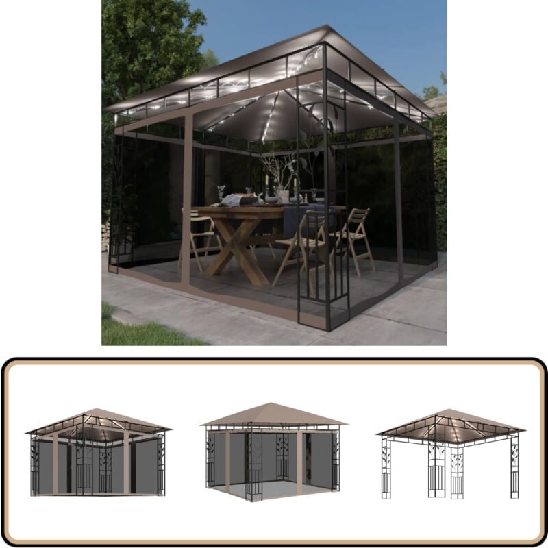 Tonnelle avec moustiquaire et lumières Led 3x3x2,73 m Taupe - Tente De Jardin - Tonnelle Pliable - Abri Solaire - Gazebo - Parasol