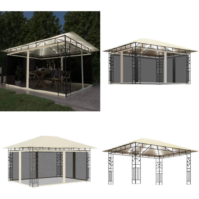 Tonnelle avec moustiquaire et lumières led 4x3x2,73 m Crème - Tente De Jardin - Auvent Pliable - Abri Solaire - Parasol - Décoration Extérieure