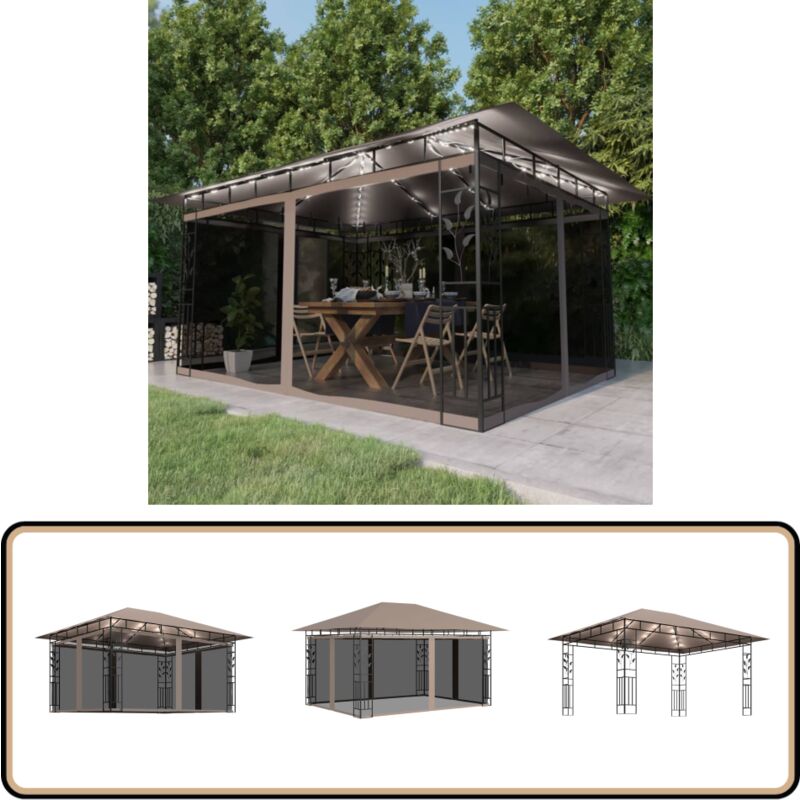 Vidaxl - Tonnelle avec moustiquaire et lumières led 4x3x2,73 m Taupe - Tente De Jardin - Auvent Pliable - Abri Solaire - Gazebo - Parasol