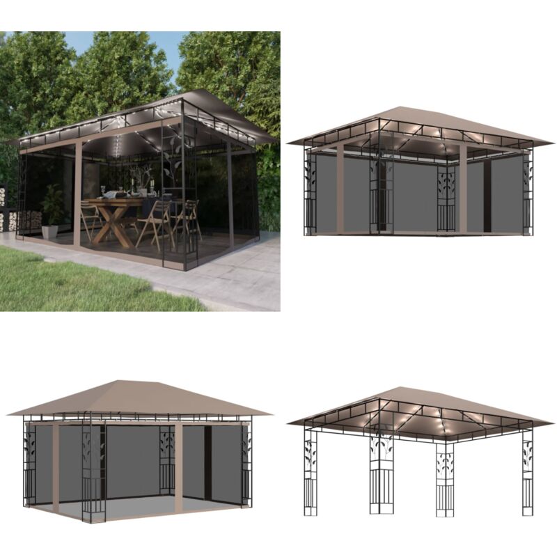 Tonnelle avec moustiquaire et lumières led 4x3x2,73 m Taupe - Tente De Jardin - Auvent Pliable - Abri Solaire - Gazebo - Parasol - Home & Living