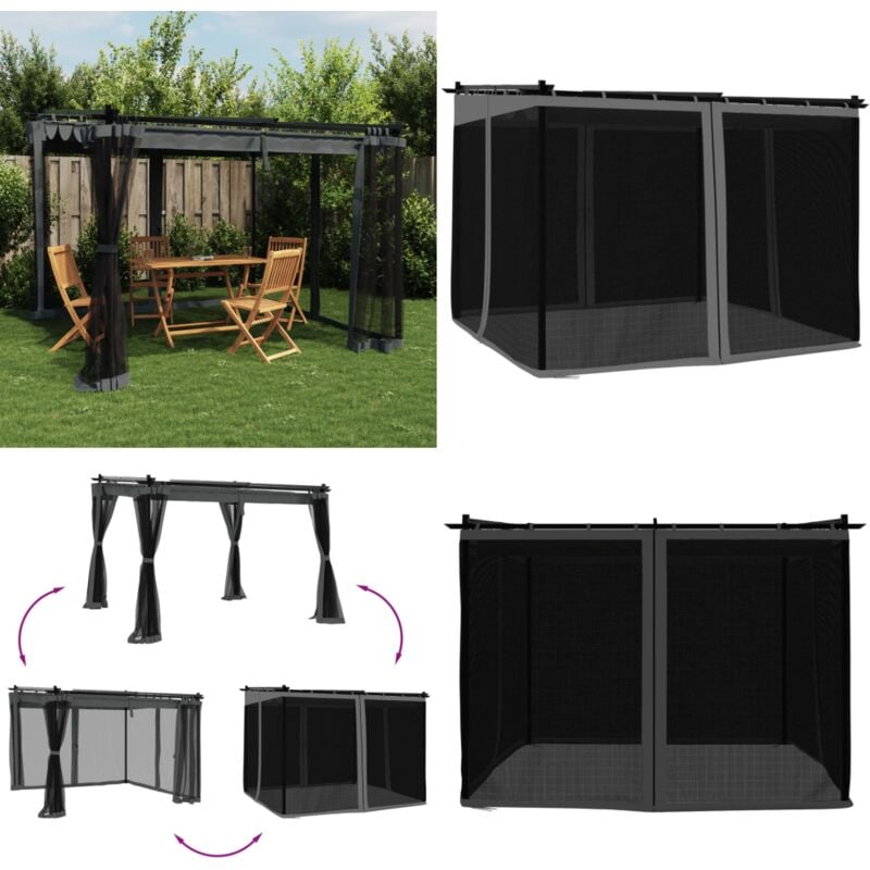 Tonnelle avec parois en filet anthracite 3x3 m acier - Gazebo - Tonnelle - Abri Solaire - Parasol - Terrasse - Home & Living
