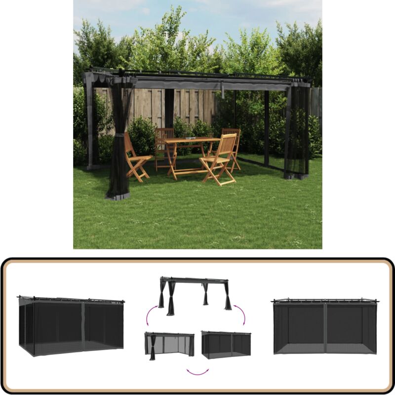 Tonnelle avec parois en filet anthracite 4x3 m acier - Gazebo - Tonnelle De Jardin - Abri Extérieur - Structure Extérieure - Parasol