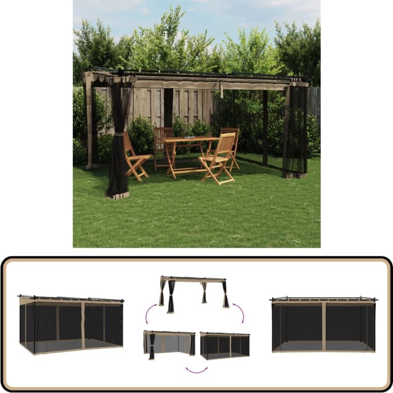 Tonnelle avec parois en filet taupe 4x3 m acier - Gazebo - Tonnelle De Jardin - Abri Solaire - Structure Extérieure - Parasol