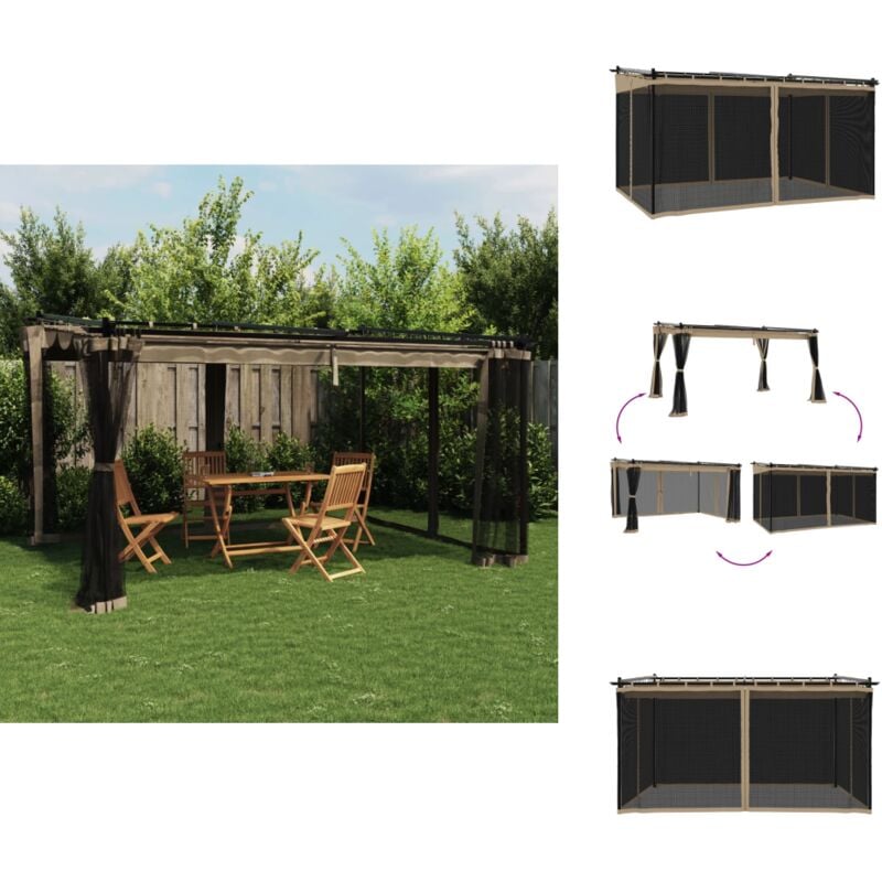 Tonnelle avec parois en filet taupe 4x3 m acier - Gazebo - Tonnelle De Jardin - Abri Solaire - Structure Extérieure - Parasol