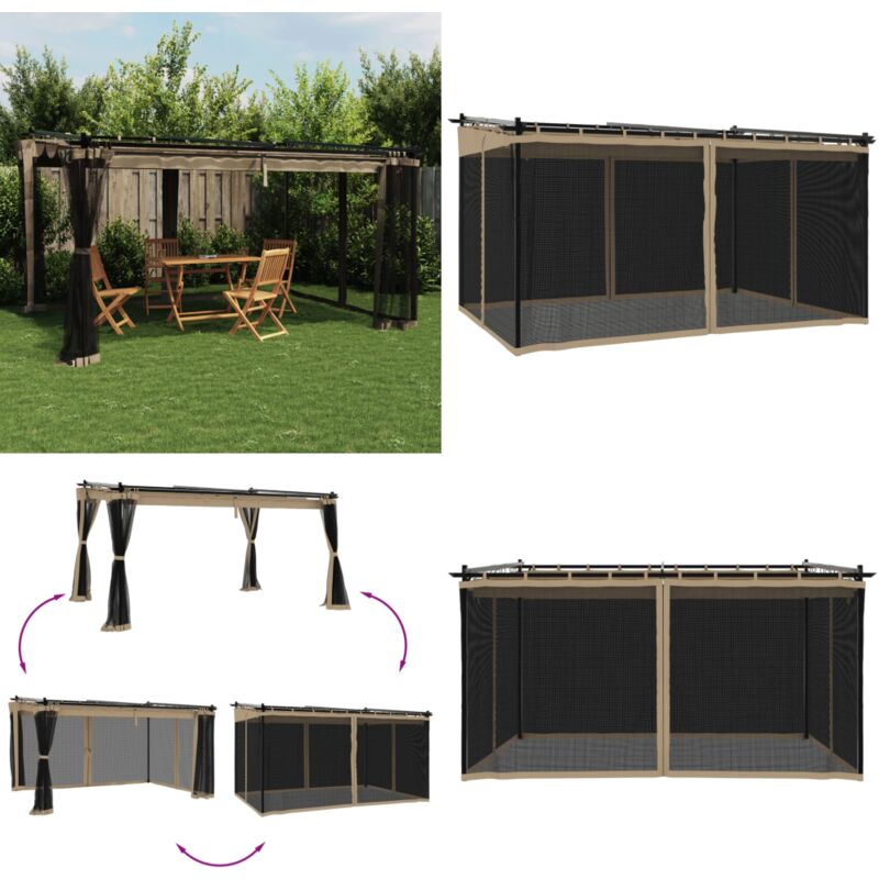 Tonnelle avec parois en filet taupe 4x3 m acier - Gazebo - Tonnelle De Jardin - Abri Solaire - Structure Extérieure - Parasol - Home & Living
