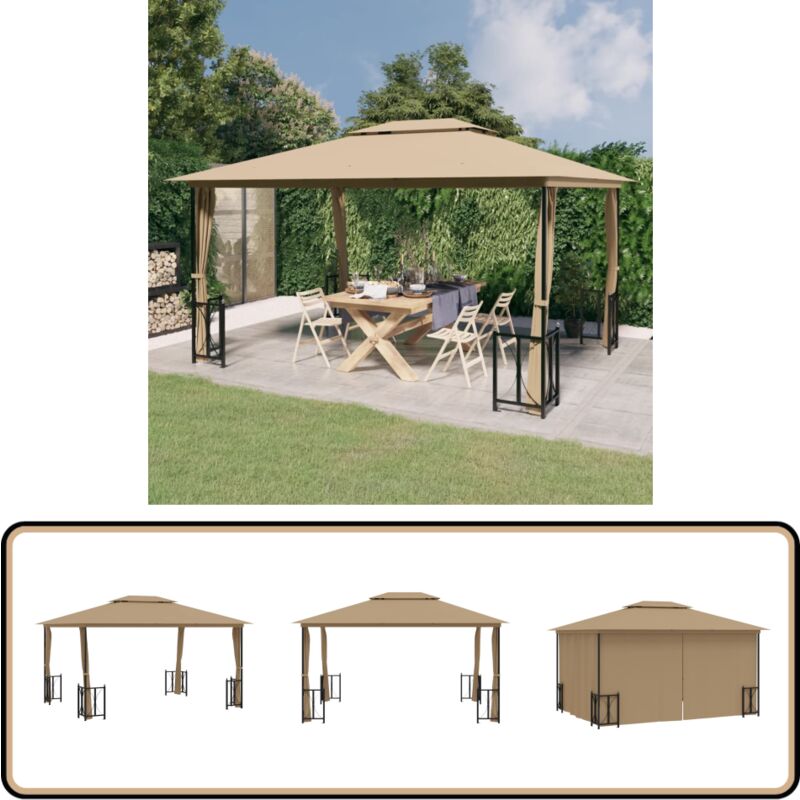 Tonnelle avec parois et toit double 3x4 m Taupe - Abri Jardin - Tonnelle De Jardin - Parasol - Auvent - Terrasse Couverte