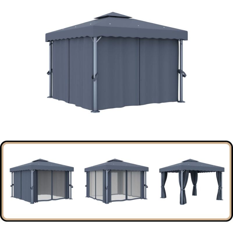 Tonnelle avec rideau 3x3 m Anthracite Aluminium - Tente Extérieure - Abri Solaire - Parasol - Auvent Jardin - Espace Détente