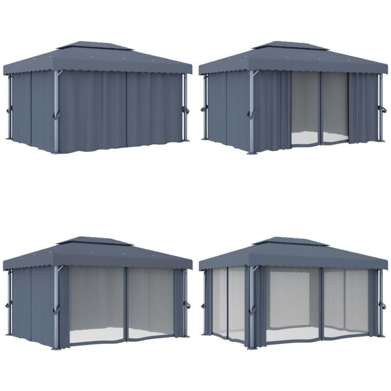 Tonnelle avec rideau 4x3 m Anthracite Aluminium - Tente Extérieure - Auvent Jardin - Abri Solaire - Parasol - Espace Détente - Home & Living