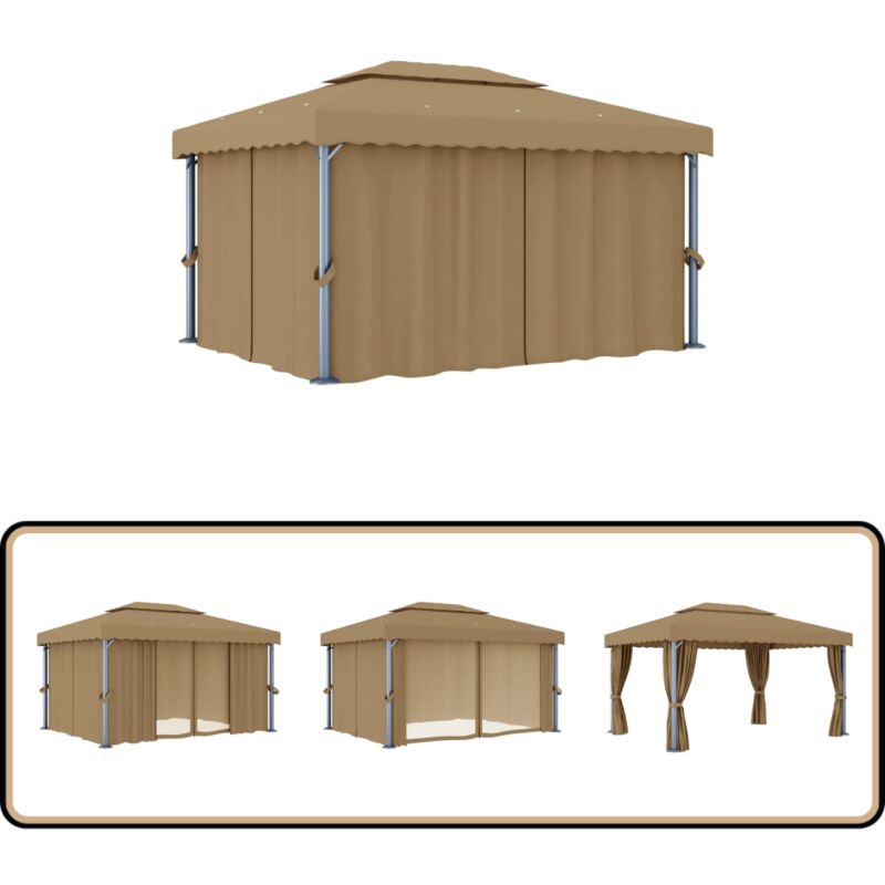 Tonnelle avec rideau 4x3 m Taupe Aluminium - Tente Extérieure - Abri Jardin - Parasol - Auvent Pliable - Structure Extérieure