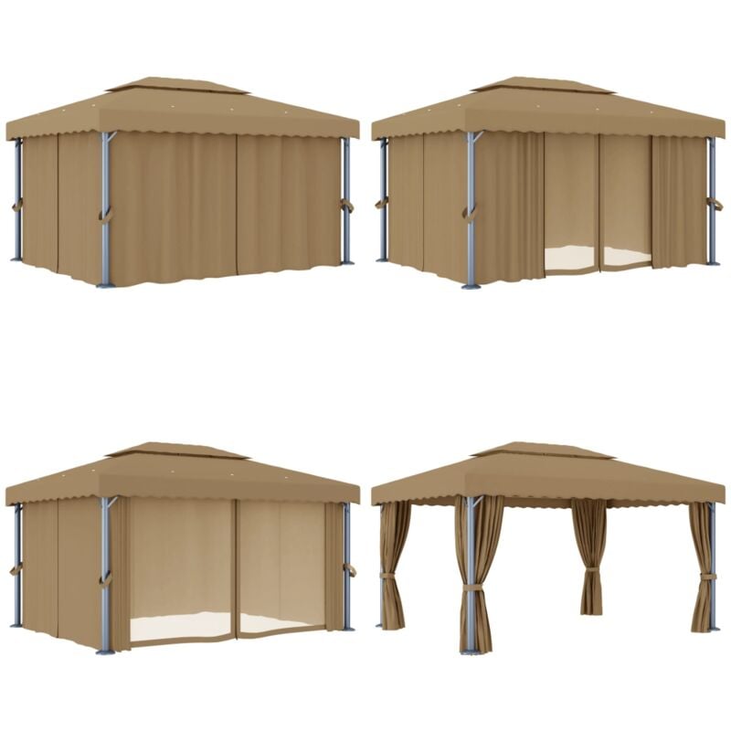 Tonnelle avec rideau 4x3 m Taupe Aluminium - Tente Extérieure - Abri Jardin - Parasol - Auvent Pliable - Structure Extérieure - Home & Living