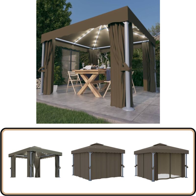 Tonnelle avec rideau et guirlande lumineuse à led 3x3 m Taupe - Tonnelle - Abri Extérieur - Pergola - Parasol - Jardin