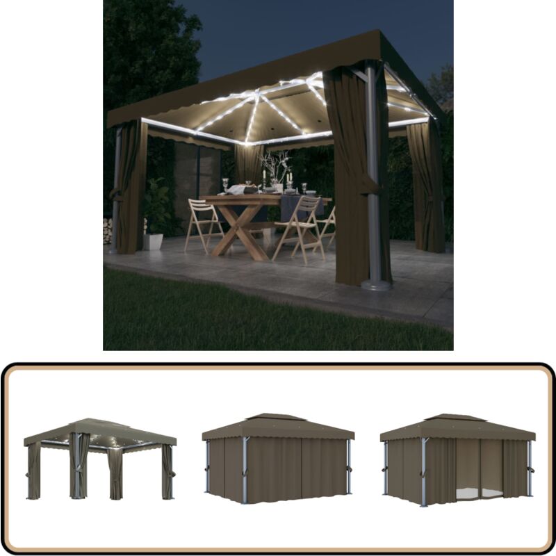 Tonnelle avec rideau et guirlande lumineuse à led 4x3 m Taupe - Tonnelle - Abri Jardin - Pergola - Auvent - Structure Extérieure