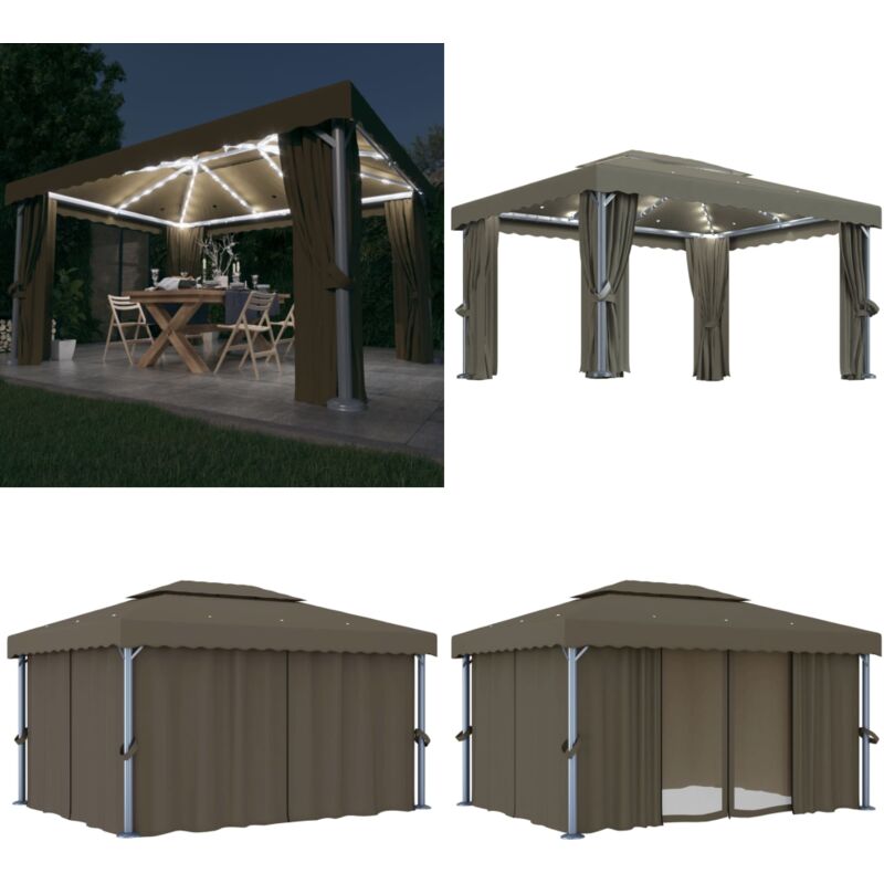 Tonnelle avec rideau et guirlande lumineuse à led 4x3 m Taupe - Tonnelle - Abri Jardin - Pergola - Auvent - Structure Extérieure - Home & Living