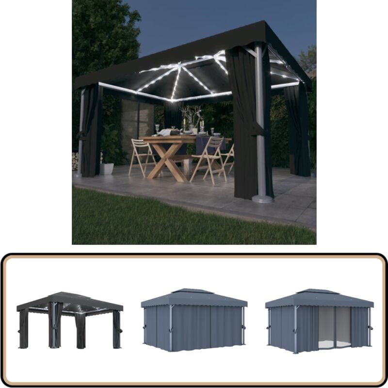 Tonnelle avec rideau et guirlande lumineuse led 4x3m Anthracite - Tonnelle - Abri Jardin - Pergola - Auvent - Structure Extérieure