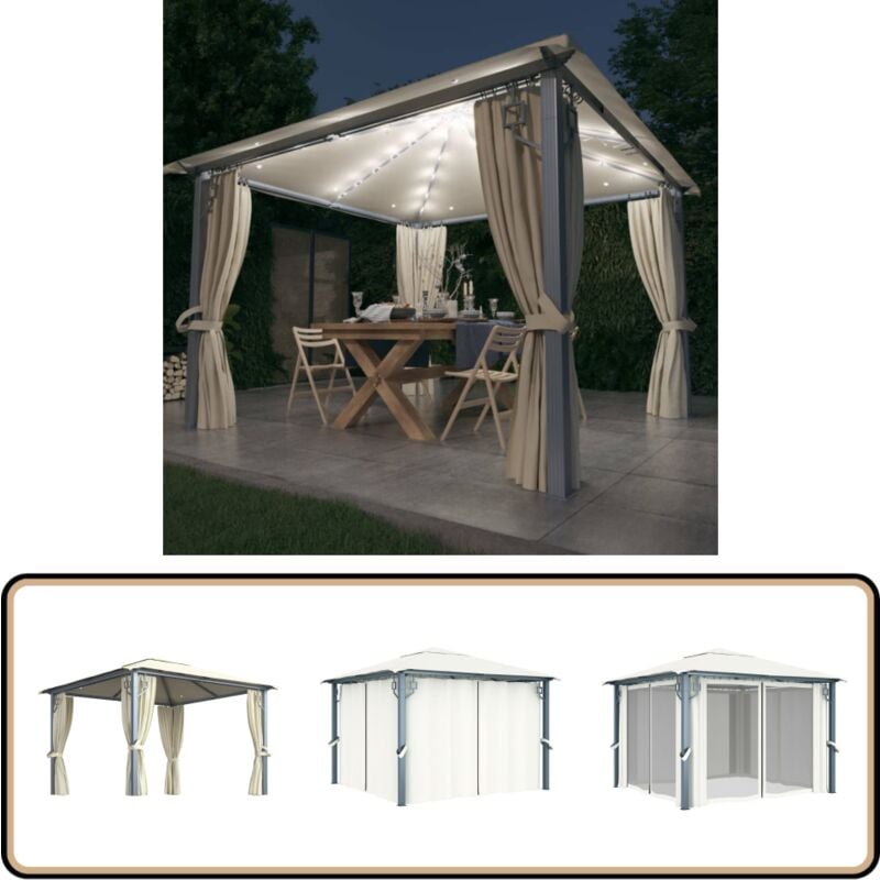 Tonnelle avec rideau et lumières led 3x3 m Crème Aluminium - Abri De Jardin - Tonnelle - Gazebo - Structure Extérieure - Jardin