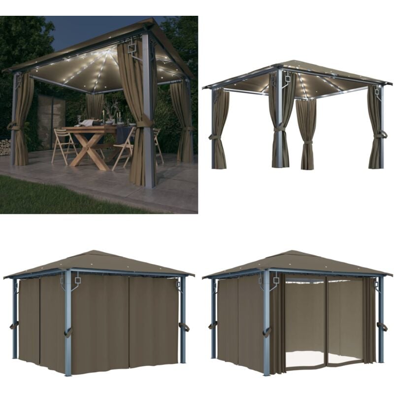 Tonnelle avec rideau et lumières LED 3x3 m Taupe Aluminium - Abri De Jardin - Tonnelle Pliable - Gazebo - Tente Extérieure - Structure Extérieure