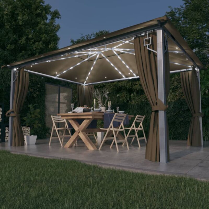 Vidaxl - Tonnelle avec rideau et lumières led 4x3 m Taupe Aluminium