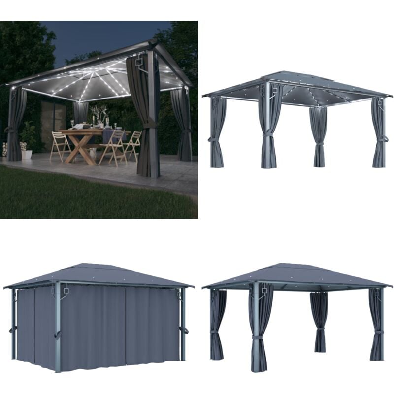 Tonnelle avec rideau et lumières led 4x3 m Anthracite Aluminium - Abri De Jardin - Tonnelle - Gazebo - Structure Extérieure - Jardin - Home & Living