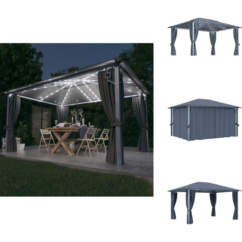 Tonnelle avec rideau et lumières led 4x3 m Anthracite Aluminium - Abri De Jardin - Tonnelle - Gazebo - Structure Extérieure - Jardin