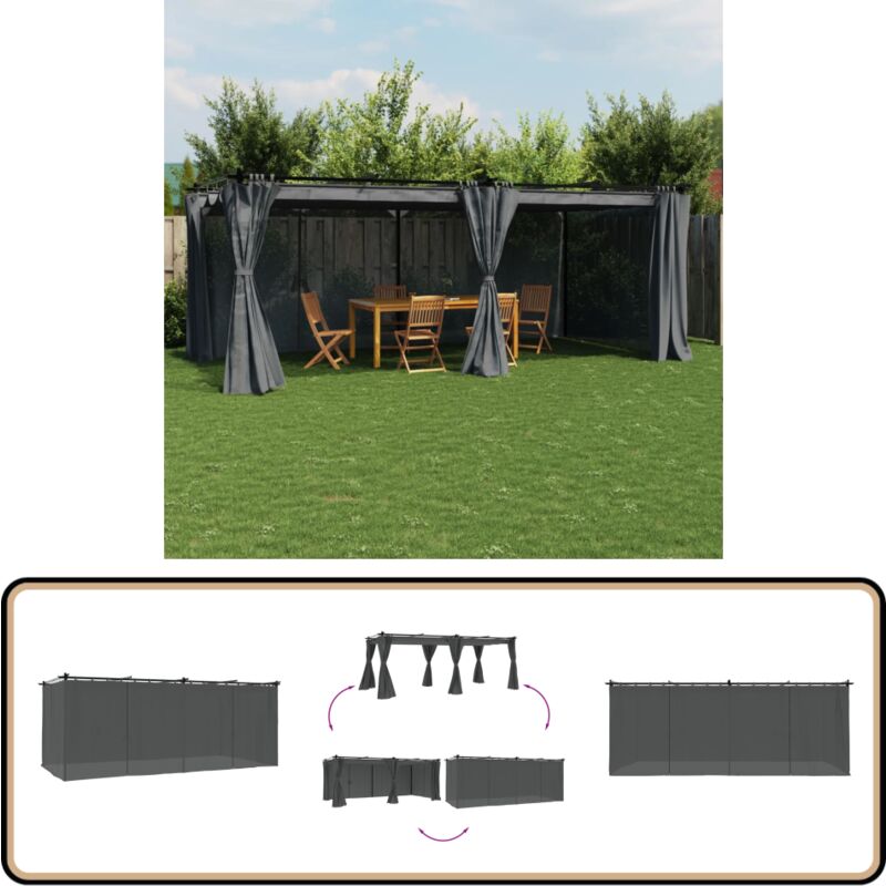 Tonnelle avec rideaux anthracite 6x3 m acier - Gazebo - Abri Extérieur - Tonnelle - Structure Extérieure - Parasol