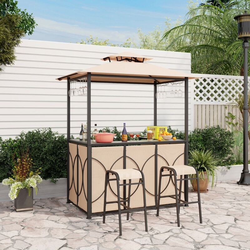 Tonnelle Barbecue 3 Pcs 2 Tabourets Bar Abri Plateau Verre Trempé Étagères Métal 194x121x242cm Marron CW67563