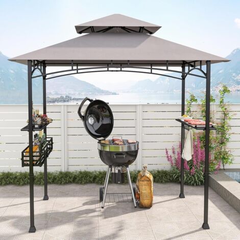 Tonnelle Barbecue Exterieur Auvent Abri Barbecue 2 Tablettes de Service Toit Ventilé Grand Panier Crochets Ouvre-Bouteille Gris