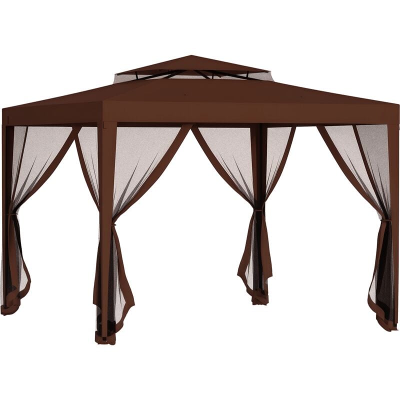 Tonnelle barnum de jardin 3L x 3l m avec 4 moustiquaires amovibles - double toit - métal polyester marron