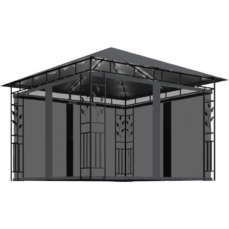 Tonnelle Barnum de Jardin, Pavillon, Pergola, Tente de jardin, avec moustiquaire et lumières LED 3x3x2,73m Anthracite OIB6890E