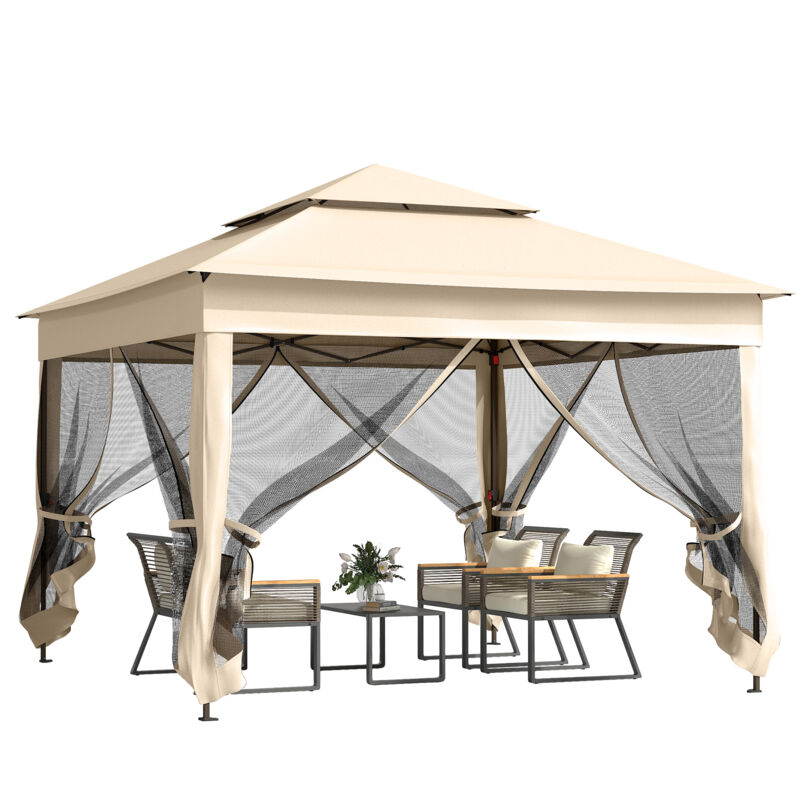 Tonnelle barnum automatique pop-up 3 x 3 m métal polyester imperméabilisé anti UV moustiquaires sac transport beige