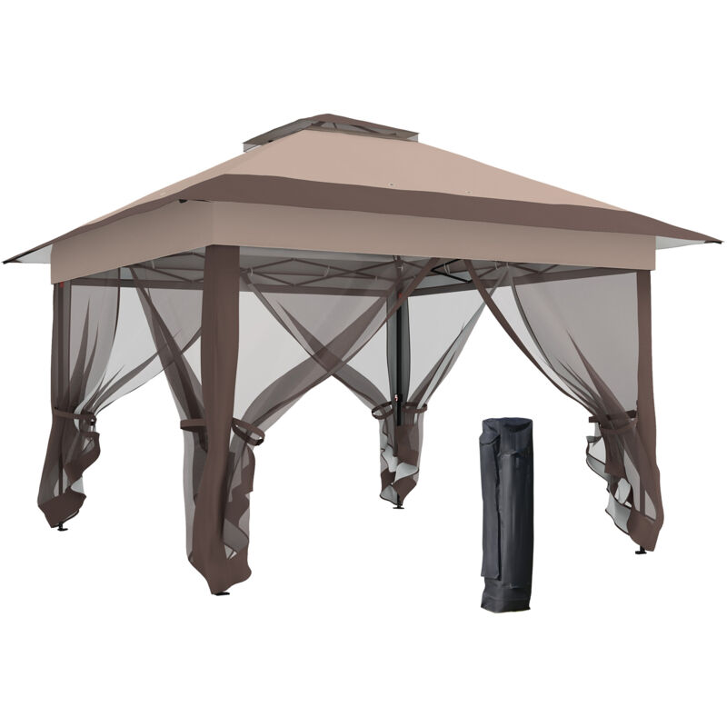Outsunny - Tonnelle barnum de jardin pop-up pliant 3,64L x 3,64l x 2,98H m acier polyester moustiquaires + sac de transport à roulettes beige marron