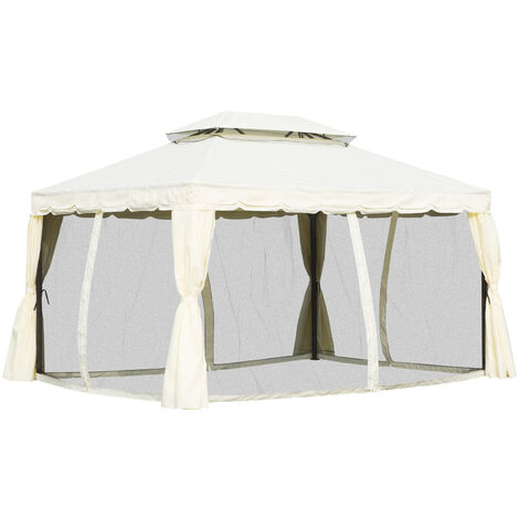 Tonnelle barnum pavillon de jardin style colonial double toit toile moustiquaires et toiles amovibles 3,9L x 2,9l x 2,7H m écru