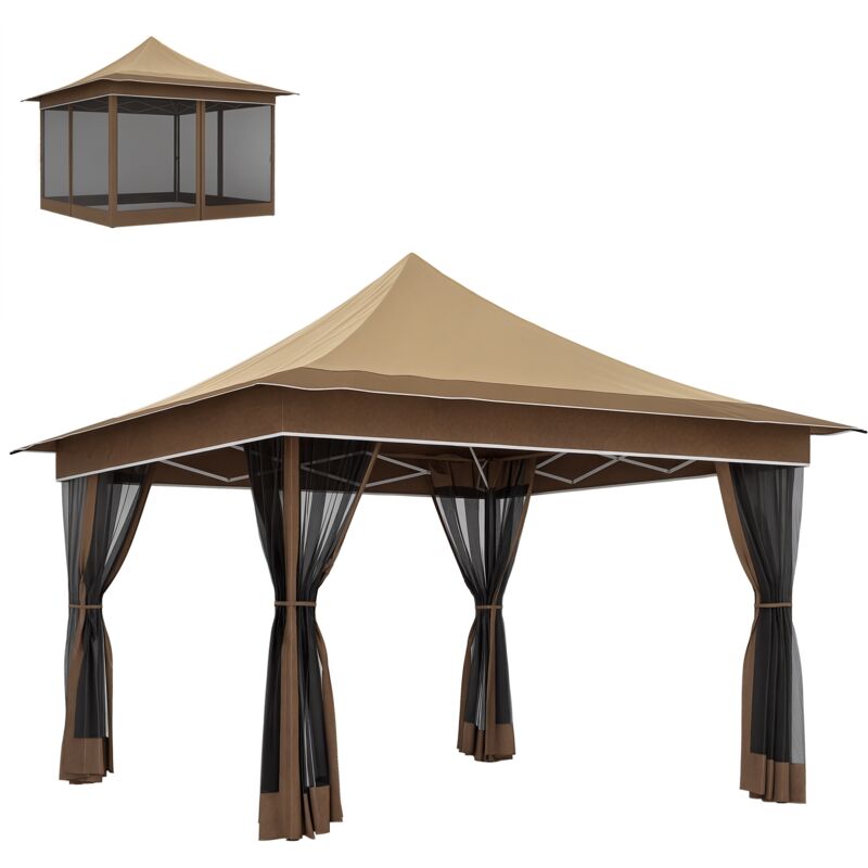 Outsunny - Tonnelle barnum pliable pop up style colonial 3,5 x 3,5 m - hauteur réglable - 4 moustiquaires, sac de transport - marron beige