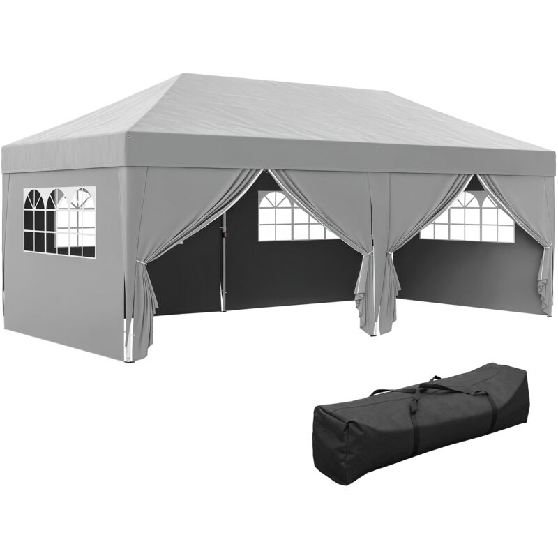 Tonnelle barnum pliant pop-up 5,9L x 2,95l x 2,85H m 6 parois latérales amovibles 4 fenêtres sac de transport gris