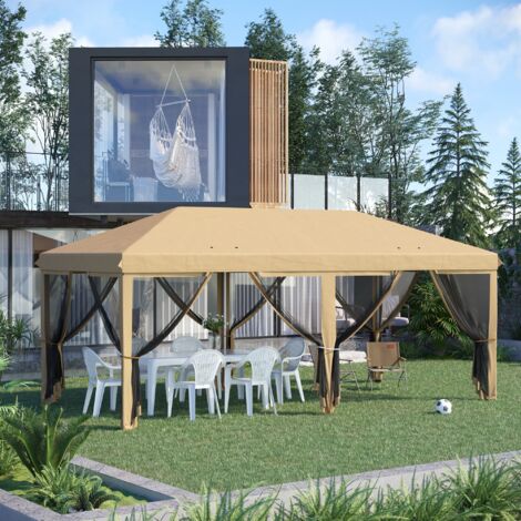 Tonnelle Barnum Pliant Pop-up 6 x 3 m moustiquaires amovibles + Sac de Transport Beige Noir