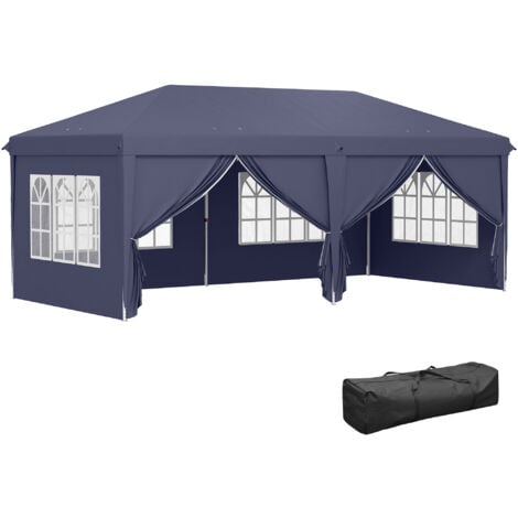 Tonnelle barnum pliant pop-up imperméabilisé 5,85L x 2,95l x 2,7H m 6 parois latérales amovibles 4 fenêtres + sac de transport bleu