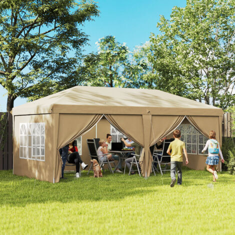Tonnelle barnum pliant pop-up imperméabilisé 6 x 3 x 2.7 m 4 parois latérales amovibles 4 fenêtres sac de transport kaki
