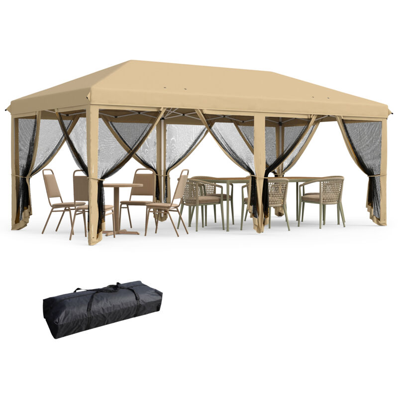 Tonnelle barnum pliant style colonial dim. 5,85L x 2,95l x 2,7H m 6 moustiquaires sac de transport beige noir